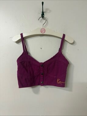 Karl Kani Magenta Cropped Bustier Top with Gold Script Y2K
